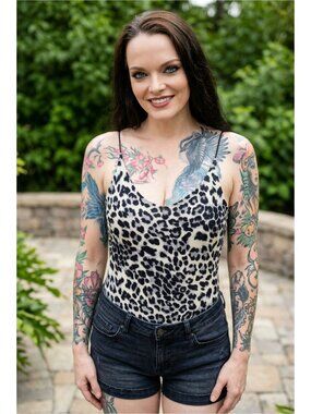 Gaze ✦ Leopard Print Spaghetti Strap Bodysuit ✦ V‑Neck Stretch One‑Piece L